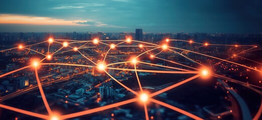 Poster - City network connectivity visualized, glowing nodes connected by lines over urban landscape, evening sky, modern technology concept