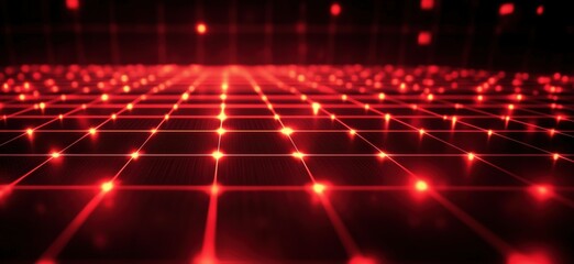 Poster - Red grid pattern with glowing dots, futuristic digital landscape, vibrant lights, technology background