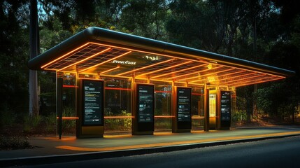 Poster - A striking bus shelter features glowing neon lights against the night sky. It stands in a quiet urban park, surrounded by trees and foliage, providing a modern touch.