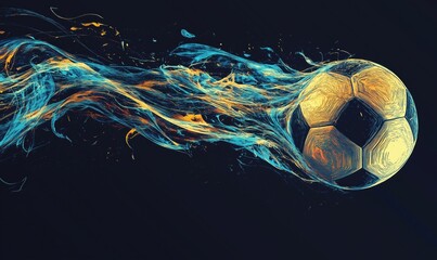 Poster - Soccer ball in motion with flames and smoke, dynamic energy, vibrant colors, abstract art