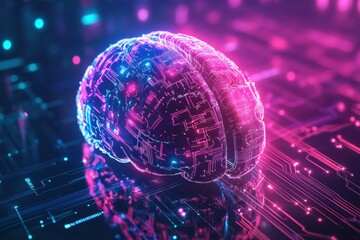 Aufkleber - A vivid abstract digital brain against glowing circuits symbolizes innovation in technology and neuroscience. Generative AI