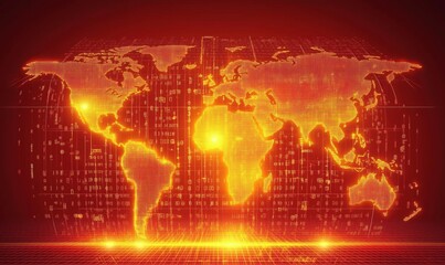 Poster - Digital world map with glowing continents, binary code background, vibrant orange and red colors, futuristic design