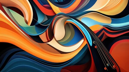 Fototapete - An abstract portrayal of sound waves intertwining with musical notes and instruments, showcasing dynamic shapes and vibrant colors. Generative AI