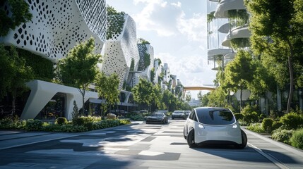 Poster - Autonomous vehicles travel along a tree-lined street in a modern city, characterized by unique, sustainable architecture.