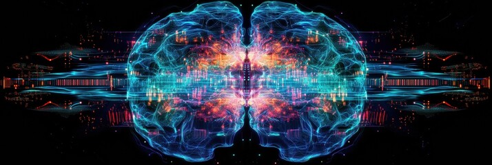 Poster - This abstract artwork presents a vibrant digital brain filled with intricate patterns, highlighting connections and data flows in a striking design. Generative AI