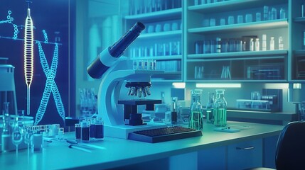 Poster - high-tech laboratory environment featuring advanced microscope and colorful glassware for scientific