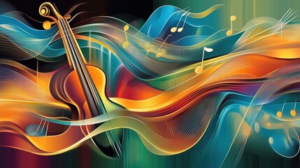 Poster - Vibrant depiction of sound waves intertwining with musical notes and instruments, showcasing the beauty of music's rhythm and movement. Generative AI