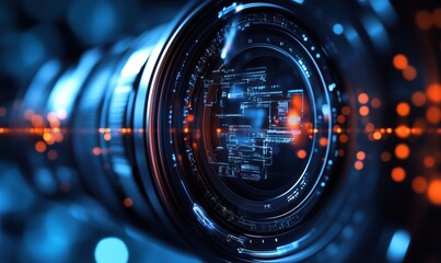 Poster - Camera lens with digital interface, futuristic design, intricate details, glowing elements, blue and orange color scheme