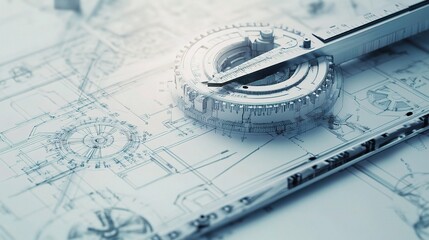 Poster - Detailed Close-Up of Precision Engineering Tools on a Blueprint Background with Technical Drawings and Measurements Highlighting Design and Development Process
