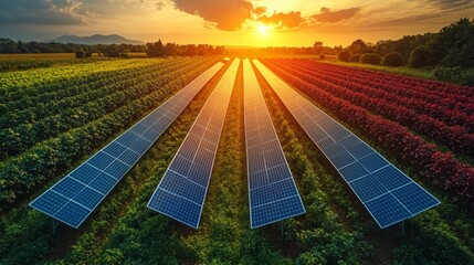 Wall Mural - Rows of solar panels stretch across a colorful rural field as the sun sets, casting a warm glow over the greenery and crops surrounding them.