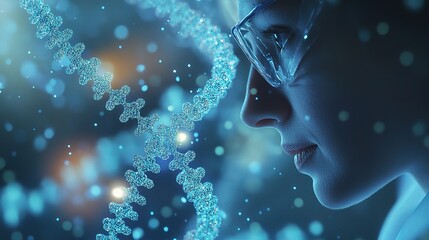 Poster - Close-Up of a Woman Scientist Analyzing DNA Helix Structure with Advanced Technology and Neon Lights in a Laboratory Setting