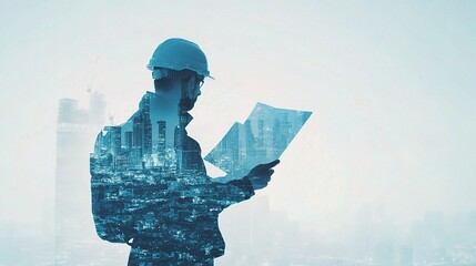Poster - Engineering Professional Reviewing Blueprints with Double Exposure of Urban Landscape in Background, Capturing Innovation and Design in Modern City Environment