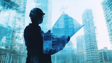 Wall Mural - Construction Worker Analyzing Blueprint in Urban Environment with Modern Buildings and Reflection of Cityscape in Background