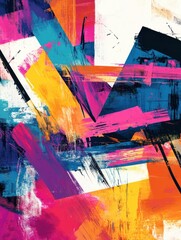 Poster - colorful brush strokes and geometric shapes intertwine, forming an abstract composition that radiate