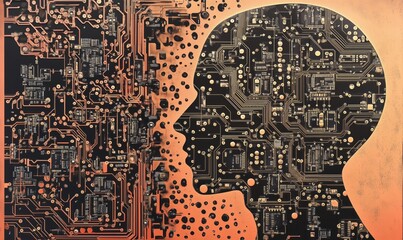 Poster - Human silhouette formed by circuit board patterns, intricate design, technology and art fusion, black and orange color scheme