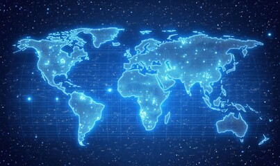 Poster - Digital world map with glowing blue lines and stars, depicting continents and countries in a futuristic style