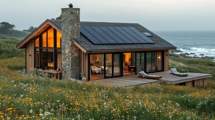 Poster - A beautiful eco-conscious home features large glass windows and solar panels, surrounded by colorful wildflowers, with ocean views at dusk, creating a peaceful retreat.