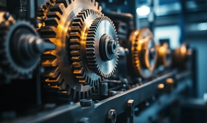 Poster - Gears in motion, intricate machinery, industrial setting, showcasing metallic components, precision engineering, illuminated details