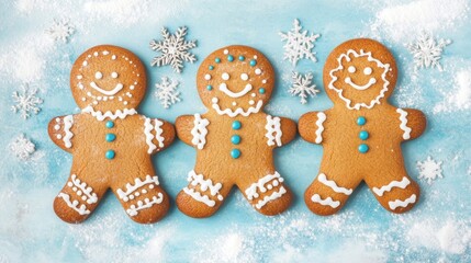 Wall Mural - Festive gingerbread cookies shaped like playful figures, beautifully decorated with icing, sit on a bright blue surface, adding holiday cheer