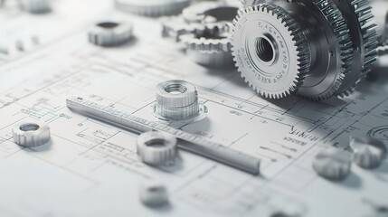 Wall Mural - Detailed Close-Up of Precision Gears and Components on Technical Blueprint, Showcasing Intricate Designs and Engineering Marvels for Industrial Use