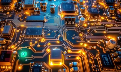Poster - Circuit board close-up with glowing components, intricate pathways, microchips, and capacitors