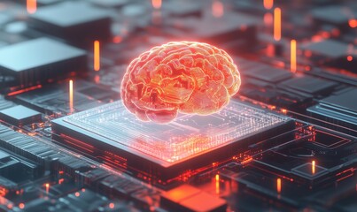 Poster - Neon brain on circuit board, glowing neural connections, futuristic technology, digital landscape, artificial intelligence concept
