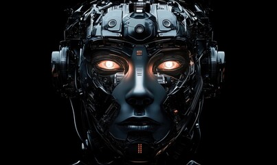 Poster - Futuristic robotic face with glowing eyes, intricate circuitry, and metallic features. High-tech design, dark background, cybernetic aesthetics.