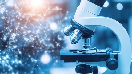 Poster - Close-up View of a Modern Microscope in a Laboratory Setting with Abstract Background Illustrating the Connection Between Science and Technology