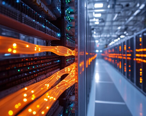 Poster - High tech data center showcasing glowing cables and advanced technology, creating vibrant atmosphere of innovation and connectivity
