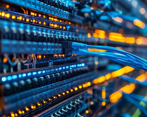 Poster - High tech data center with glowing blue cables and illuminated servers, showcasing advanced technology and connectivity