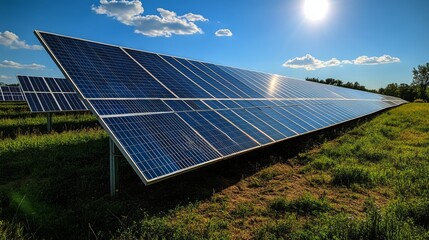 Poster - A large array of solar panels stands in a grassy field, reflecting sunlight. The scene is under a clear blue sky with a few clouds, showcasing renewable energy in action.