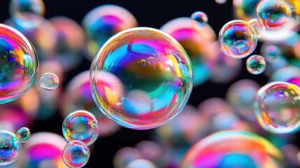 Poster - Vibrant bubbles float gracefully against a dark background, reflecting an array of colors that create a mesmerizing visual effect