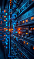Poster - Innovative data center with advanced network switches and glowing lights, showcasing modern technology and connectivity