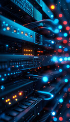 Poster - Innovative data center with advanced network switches and vibrant lights, showcasing dynamic flow of data. intricate design highlights technology and connectivity