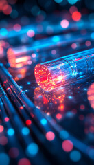 Poster - vibrant blue and red illuminated cables create mesmerizing visual effect, showcasing blend of colors
