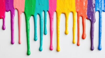 Poster - Dripping paints in various colors cascade down a white surface, illustrating a lively and artistic expression of creativity