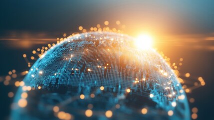 Poster - Futuristic digital globe with glowing network connections and a warm sunset backdrop, symbolizing global communication and technology.