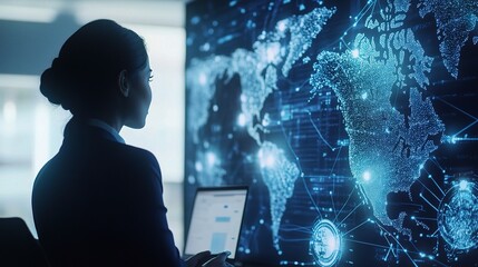 Poster - Businesswoman Analyzing Global Data Through Digital Interface with World Map Visualizations and High-Tech Elements in Modern Office Environment