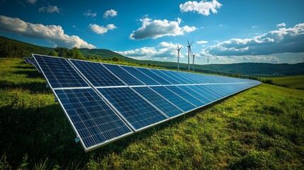 Aufkleber - A field is filled with solar panels reflecting sunlight, while wind turbines stand in the distance against a backdrop of lush hills and fluffy clouds.