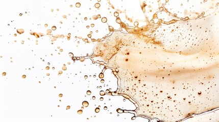 Poster - Golden liquid bursts vividly against a pristine background, creating energetic splashes and delicate droplets that enhance the visual appeal