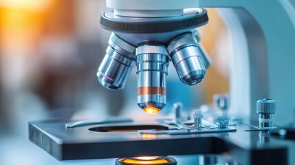 Poster - high-resolution microscope close-up with focus on lenses, lighting, and stage, capturing the fine de