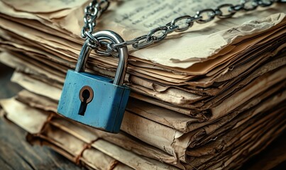 Poster - Locked documents with padlock and chain, vintage papers stacked, security concept, protection of information, confidentiality, archival materials