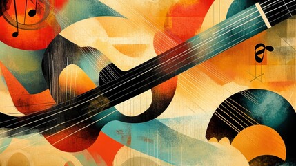Fototapete - This artwork showcases an abstract interpretation of sound waves, intertwining musical notes and instruments, creating a vibrant visual symphony. Generative AI