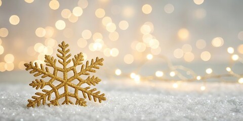 Wall Mural - Golden snowflake on sparkling bokeh background, gold, snowflake, winter, holiday, festive, shiny, bright, bokeh