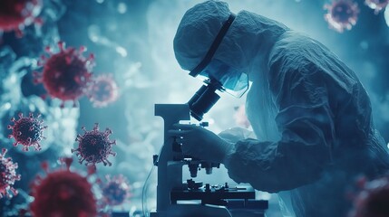 Wall Mural - Scientist in Protective Gear Examining Virus Samples Under Microscope in a Laboratory Setting, Highlighting Research and Innovation in Microbiology and Virology