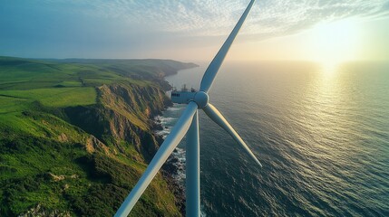 Poster - The setting sun casts a golden hue over the ocean as a wind turbine stands tall on a coastal cliff, representing sustainable energy amidst stunning scenery.