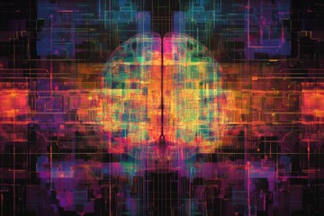 Leinwandbilder - Vibrant abstract representation of a brain filled with intricate patterns and colors, symbolizing neural networks and digital intelligence. Generative AI