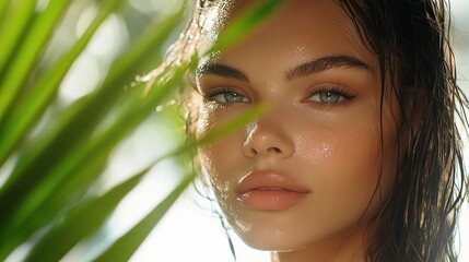 Wall Mural - Captivating Portrait of a Woman with Gleaming Skin Surrounded by Lush Tropical Foliage, with Sunlight Reflecting Off Her Radiant Features