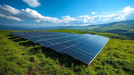 Poster - Rows of solar panels lie on a green hillside, capturing sunlight while wind turbines turn in the distance beneath a clear blue sky, showcasing renewable energy.