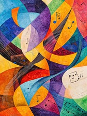 Fototapete - Vibrant colors swirl together to depict an abstract representation of sound waves and musical notes, celebrating the essence of music. Generative AI